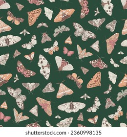 Butterflies and Moths. Seamless pattern. Vector vintage illustration. Emerald