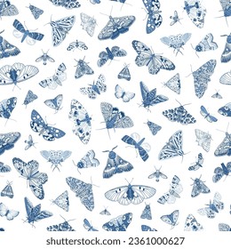 Butterflies and Moths. Seamless pattern. Vector vintage illustration. Blue and white