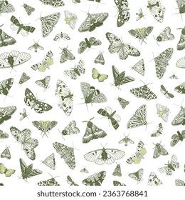 Butterflies and Moths. Seamless pattern. Vector vintage illustration. Green and white