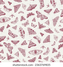 
Butterflies and Moths. Seamless pattern. Vector vintage illustration. Red and white