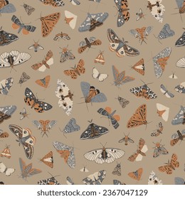 Butterflies and Moths. Seamless pattern. Vector vintage illustration. Gold