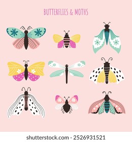 Butterflies and moths vector set. Beautiful insects isolated on pink background. Flying butterfly in hand drawn trendy style.