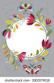 Butterflies and multicolored flowers, garden in flat style - vector frame, poster, banner, card, template. Summer mood.