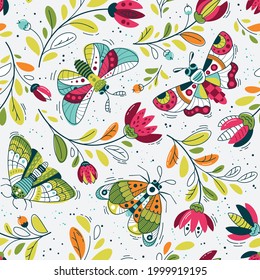 Butterflies and multicolored flowers, garden - vector seamless pattern in a flat style. Spring mood. Background for fabric, textile, wallpaper, poster, web site, card, gift wrapping paper 