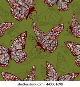 Butterflies multicolored seamless pattern, in style boho, hippie, bohemian. Bright, openwork pink and yellow wings on green background. For use in textile design, print, fabric design, wallpaper