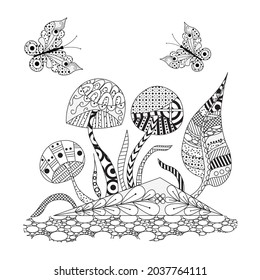 Butterflies and mushrooms with a doodle pattern on a white background. Anti-stress coloring book for children and adults.