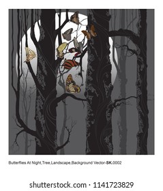 Butterflies At Night,Tree,Landscape,Background