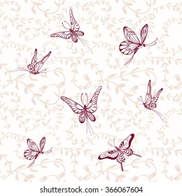 Butterflies on the background of leaves and flowers. Seamless vector background. Pattern for wrapping paper, postcards, fabric.