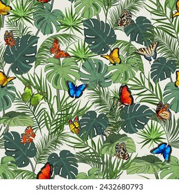 Butterflies on a background of leaves.Vector pattern with bright butterflies on a background of palm leaves.