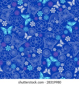 Butterflies on Blue Seamless Repeat Pattern Vector Illustration
