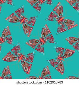 Butterflies on a blue-green background. Vector seamless pattern. Suitable for fabrics, Wallpaper, paper, decoration.