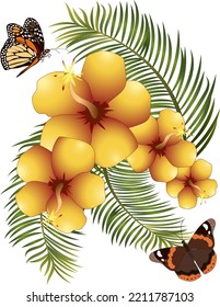 Butterflies on a bouquet of flowers.Bouquet of tropical flowers and butterflies on transparent background in vector illustration.
