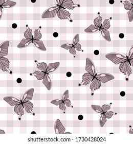 
 Butterflies on a checkered background. Monochrome seamless pattern. Hand drawn vector design.
