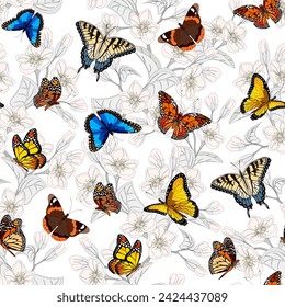 Butterflies on contour flowers.Vector seamless pattern with bright butterflies on abstract contour flowers.