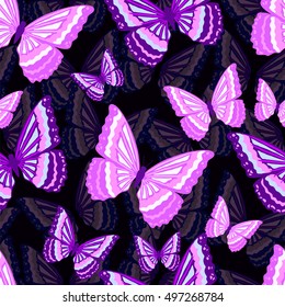 Butterflies on a dark background. Seamless pattern. Vector illustration.