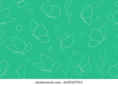 Butterflies on a green background. Contour drawing, thin line. Seamless pattern under clipping mask, convenient for editing. The background color can be easily replaced. Background for decor.