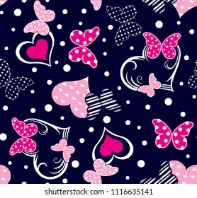 Butterflies on the hearts and polka dots in dark blue background for textile pattern,fashion print