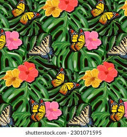 Butterflies on palm leaves.Vector seamless pattern with bright butterflies on palm leaves with flowers.