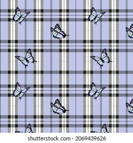 Butterflies on a plaid background. Monochrome seamless pattern. Seamless tartan plaid pattern. Checkered fabric texture print in shades of black, blue and white