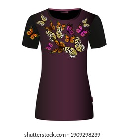 Butterflies on the shirt. T-shirt print. Vector illustration
