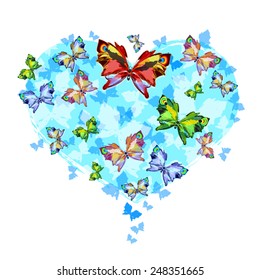 Butterflies on sky blue heart -  Valentine illustration. As design element for Valentine day card. Bright butterflies on heart shape. Vector silhouettes Eps 10. Isolated on white.