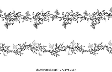 Mariposas en las ramas de primavera, borde sin fisuras. Ilustración vectorial. Insectos voladores, conjunto de patrones aislados sobre fondo blanco. Adecuado para tarjetas, invitaciones e impresión textil.