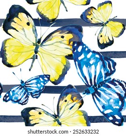 Butterflies on the striped background. Watercolor seamless pattern.