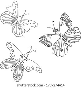 Mariposas sobre un fondo blanco. Establecer. Libro de colorear. Ilustración vectorial.
