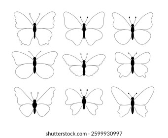 Butterflies outline doodles set. Vector illustration. Insects with various wings and shapes. Butterfly isolated top view. Different black line elements