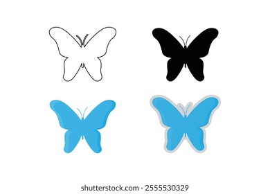 Butterflies in outline, silhouette, cartoon, and sticker, vector styles.