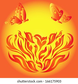 Butterflies over a flower fiery, hand drawing stylized vector illustration