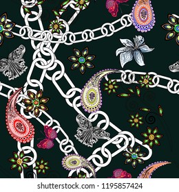Butterflies, paisley, flowers and chains on dark background, seamless vector illustration, modern design for textile texture, wallpaper, paper, covers