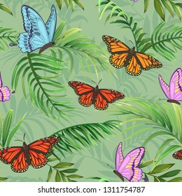 Butterflies and palm branches. Seamless pattern