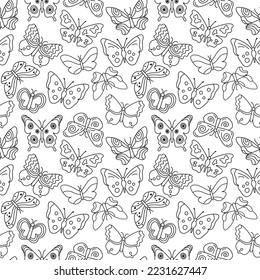 Butterflies pattern. Black and white seamless background with doodle flying insects. Vector repeat illustration for designs, textile, fabric, wrapping paper.