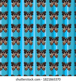 Butterflies pattern on blue stripes, vertical stripes, blue background, hives, insect, moth, wallpaper, gift paper, fabric, wrapper, for clothes, repeat, background, summer, holiday, postcard, fabric