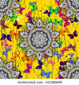Butterflies pattern on yellow background with butterflies elements. Luxury, royal and Victorian concept. Ornate decoration. Vector vintage baroque floral pattern in butterfly.