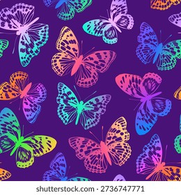 Butterflies. A pattern with rainbow butterflies on a purple background. Suitable for curtains, wallpaper, fabric, and wrapping paper.