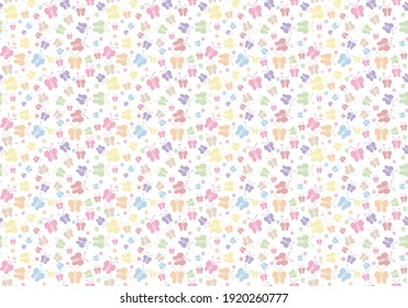 
Butterflies pattern in red, yellow, green, blue, fuchsia, beige, brown on white background