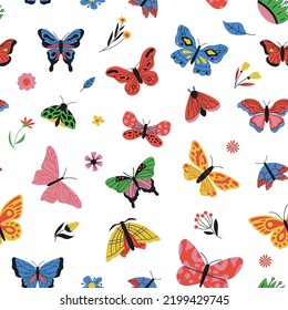 Butterflies pattern. Seamless print of colored cartoon flying insects, fashion repeat background for textile, wallpaper, fabric design. Vector texture. Colorful characters and floral plants