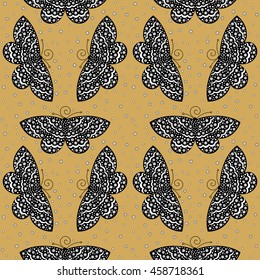 Butterflies pattern. Vector abstract background. Seamless gold, black and white colors wallpaper.