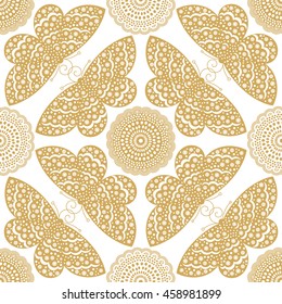 Butterflies pattern. Vector geometric abstract background. Seamless green and white colors wallpaper.