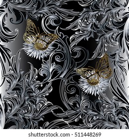 Butterflies pattern. Vintage decorative 3d flowers leaves butterflies  and ornaments. Floral  wallpaper. Flowery vector illustration.Black floral background.Gold butterflies .