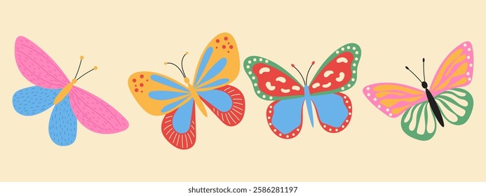 Butterflies with patterns. Hand drawn insect set