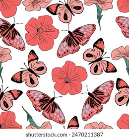 Butterflies petunia flat design seamless pattern