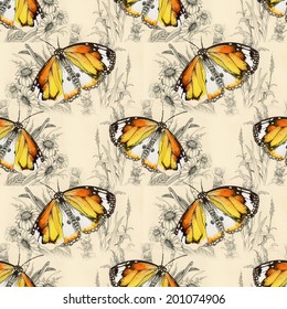 Butterflies picture pattern with flowers vector 