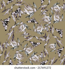 Butterflies picture seamless pattern with leaflets on brown background vector illustration