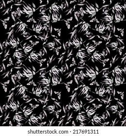 Butterflies picture seamless pattern with leaflets on black background vector illustration