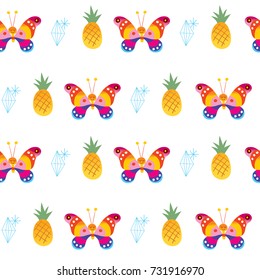 butterflies pineapples diamonds seamless pattern