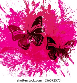 Butterflies at the pink blots background