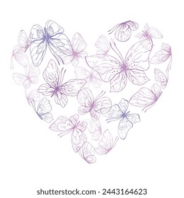 Butterflies are pink, blue, lilac, flying, delicate line art. Graphic illustration hand drawn in pink, lilac ink. Composition in the shape of a heart EPS vector.